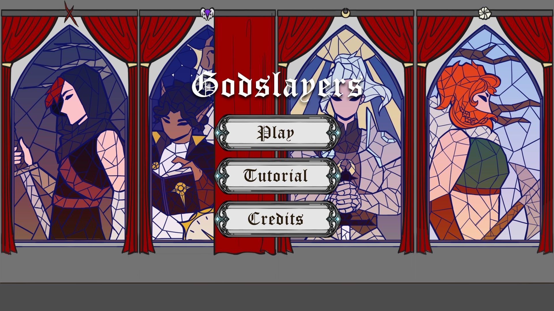 Title Screen for game. Inspo: Cathedral stained glass windows to foreshadow the location of the battle.